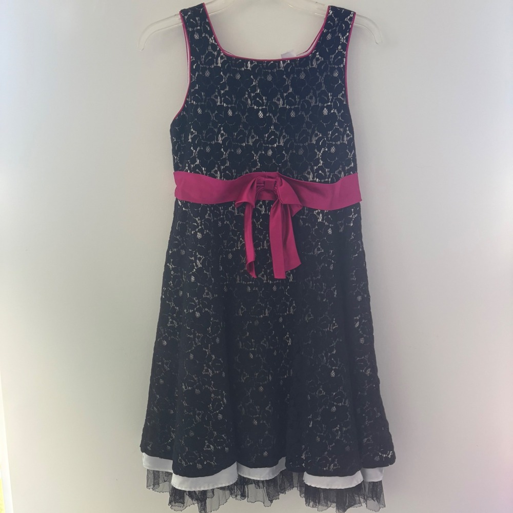 Emily West Girls Size 14.5 Black Lace Dress Pink Ribbon White Layered Hem Party‎